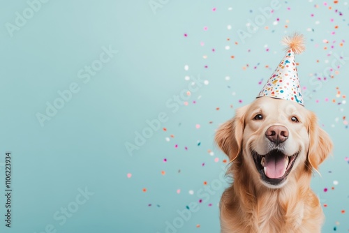 Happy dog in colorful party hat celebrating with confetti in a cheerful setting