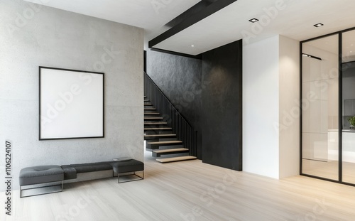 Modern interior design showcasing a minimalist living room and a sleek stairc...