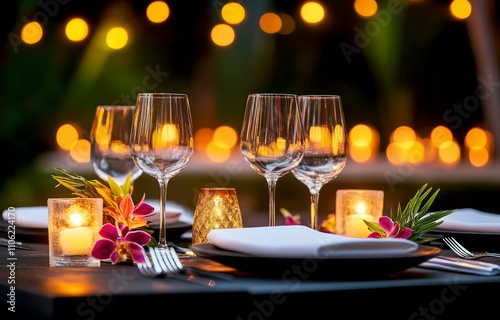 Elegant outdoor dining setup in tropical garden with ambient lighting in evening
