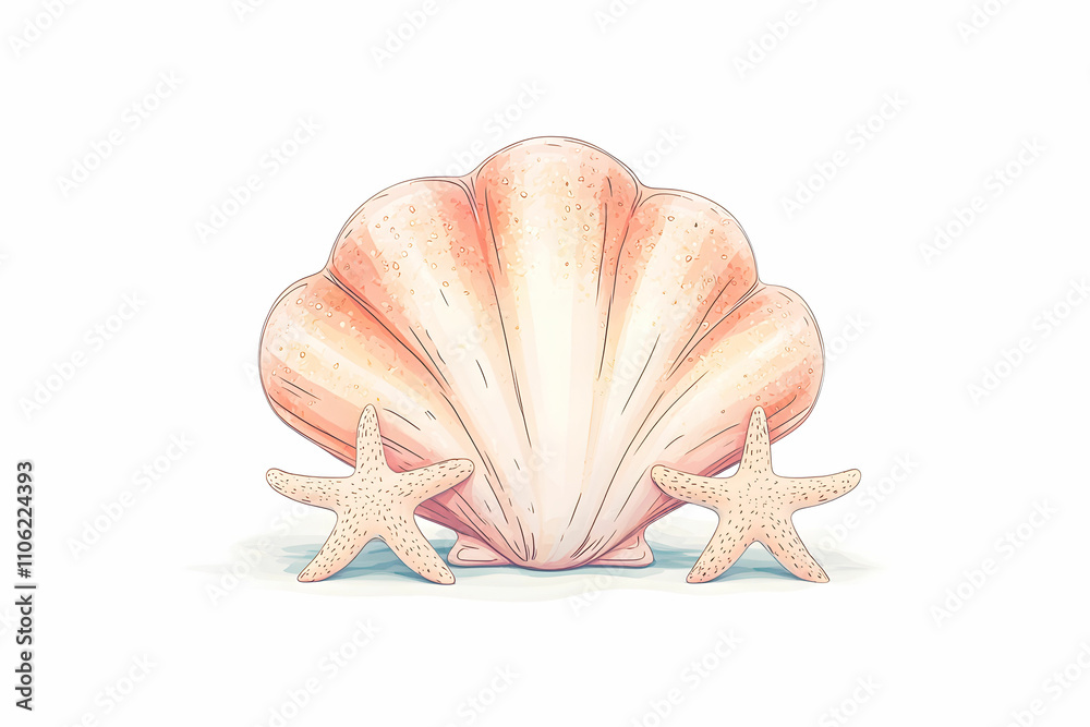 Fototapeta premium Elegant Shell with Two Starfish on a Light Background for Coastal and Beach Themes
