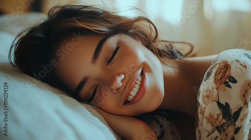 Young woman sleeping peacefully in cozy bed with soft sunlight filtering thro...