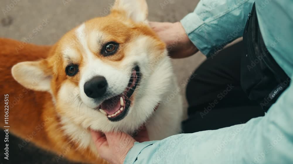 Close-up of corgi dog among the snow in the park. Dog pet sitting on the snow. Portrait of a Pembroke Welsh Corgi. Close-up of corgi dog among the snow in the park. Dog pet sitting on the snow. Portrait of a Pembroke Welsh Corgi.