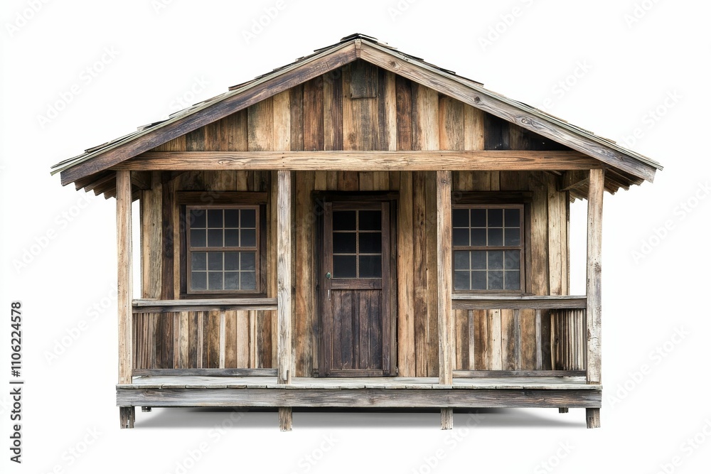 Weathered wooden cabin, porch, two windows. Weathered wooden cabin, porch, two windows.