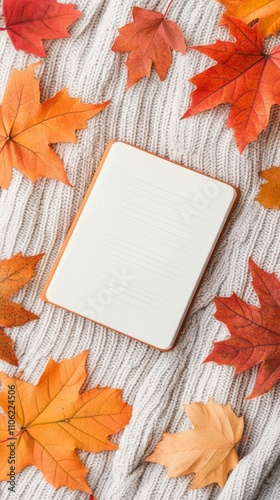 Cozy autumn atmosphere with open notebook and colorful leaves on soft gray bl...