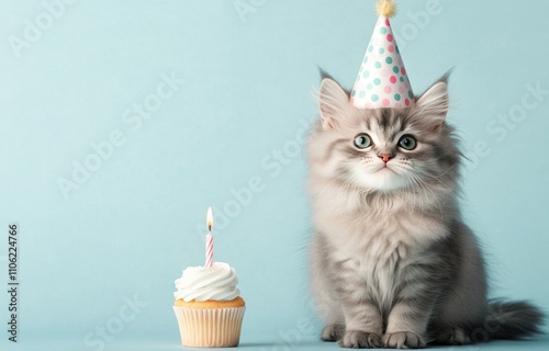 Cat celebrates birthday with cupcake and festive hat in a cheerful setting