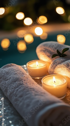 Relaxing ambiance with candles and soft towels in a cozy, well lit space