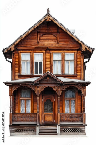 Ornate wooden house, detailed carvings, porch, balconies.