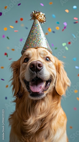Golden retriever with a party hat celebrating with colorful confetti in the b...