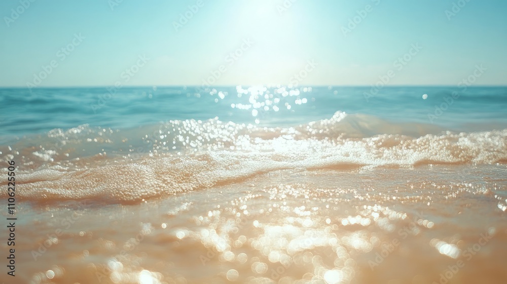 Soft ocean waves lapping gently on a sandy beach, sun shining brightly.