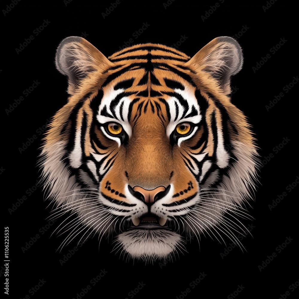 Fototapeta premium Majestic Tiger Portrait with Striking Facial Details on Black Background Capturing the Essence of Wild Beauty and Power in a Stunning Illustration