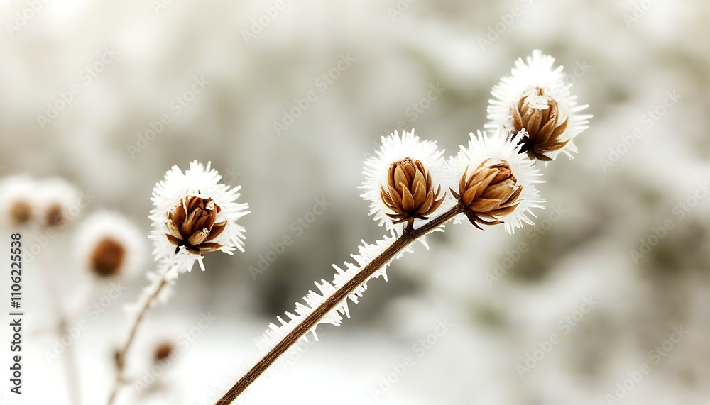 A perfect blend of natural textures and serene atmosphere in the world of frost-covered flowers during winter. A perfect blend of natural textures and serene atmosphere in the world of frost-covered flowers during winter.