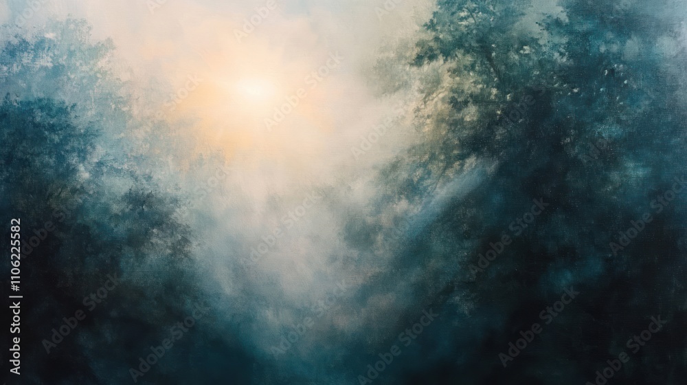 Fototapeta premium Sunlit Foggy Forest Morning Landscape Painting