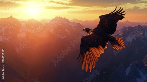 Eagle soaring over mountain range at sunset displays natural beauty and freedom