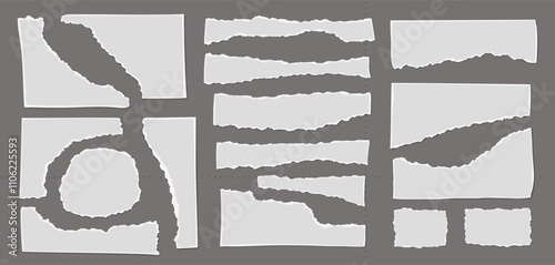 Set of torn white note paper pieces are on dark background for text or ad.
