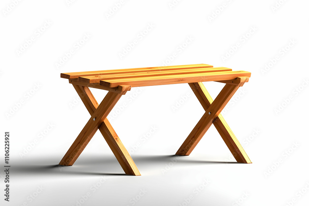 Wooden picnic table with crossed legs in bright background, perfect for outdoor dining or garden use Wooden picnic table with crossed legs in bright background, perfect for outdoor dining or garden use