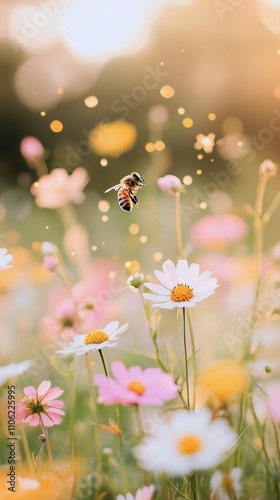Colorful flowers attract bees in a serene garden during springtime in early m...