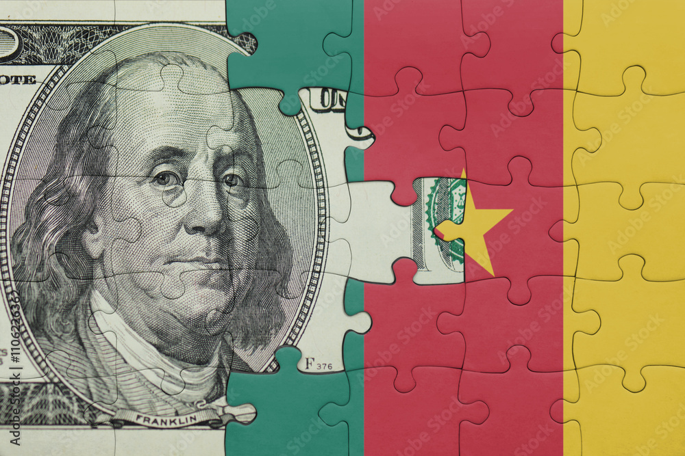 puzzle with the national flag of cameroon and the usa dollar money .finance concept puzzle with the national flag of cameroon and the usa dollar money .finance concept