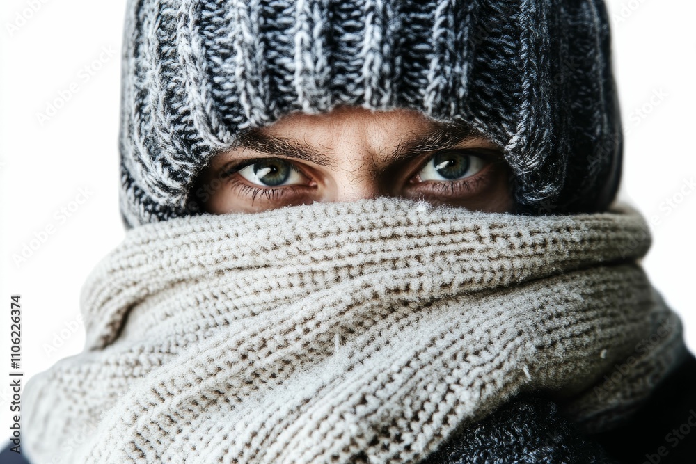 Eyes peering from knitted hat, scarf. Eyes peering from knitted hat, scarf.