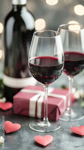 Romantic wine celebration with gift and hearts for a special occasion at night