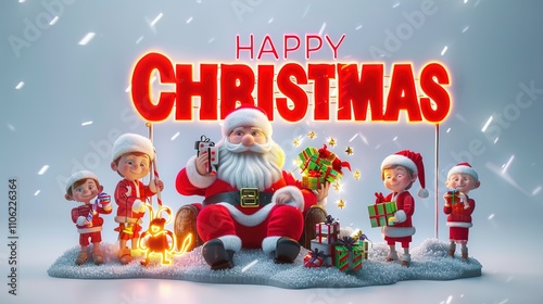 Animated Santa sitting with kids holding toys, 