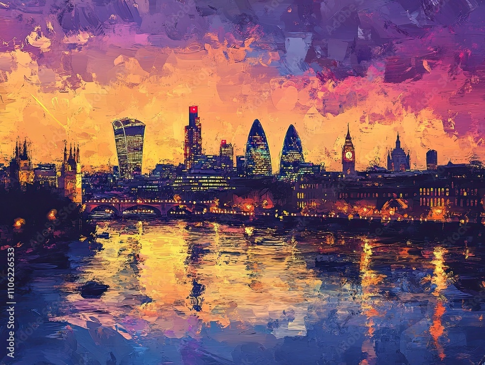 Naklejka premium London cityscape sunset, impasto style.