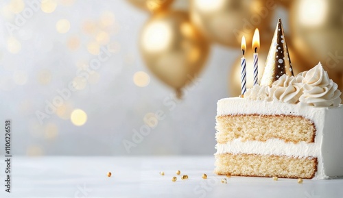 Celebration with a white cake, golden balloons, and bright decor for a specia...