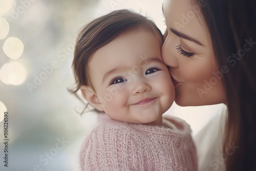 Mother and baby sharing a tender moment with cheerful expressions indoors