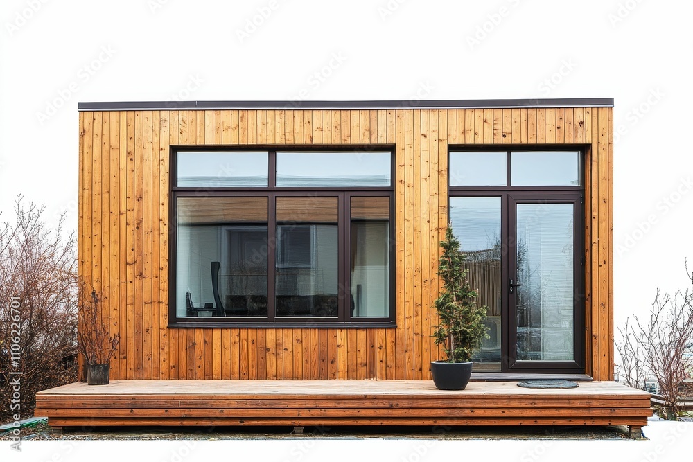 Wooden structure, deck, windows, door, plants. Wooden structure, deck, windows, door, plants.
