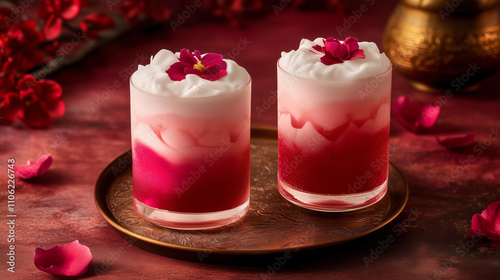 Two rose milk drinks topped with whipped cream and flowers on a golden tray. Two rose milk drinks topped with whipped cream and flowers on a golden tray.