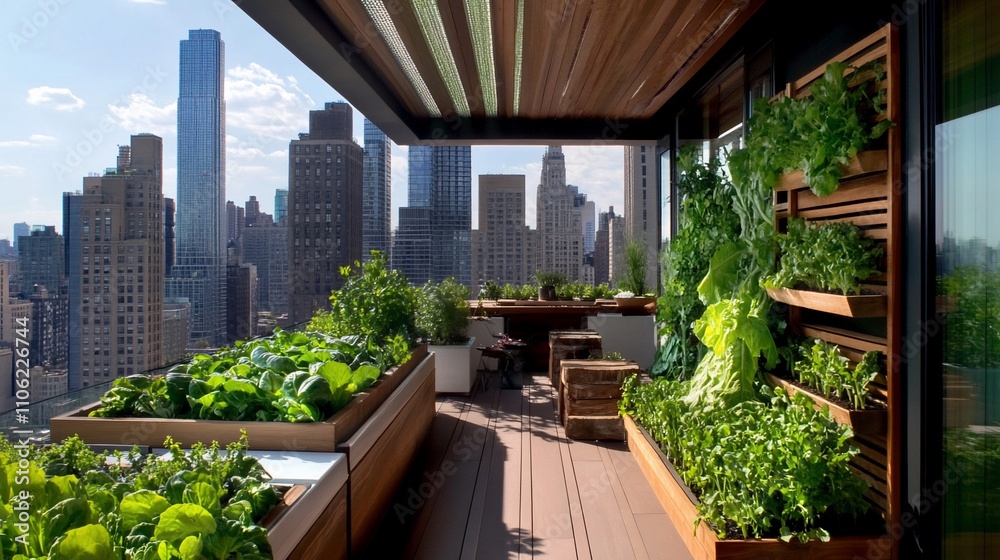 Urban rooftop garden with city view, lush greenery, and modern design. Urban rooftop garden with city view, lush greenery, and modern design.