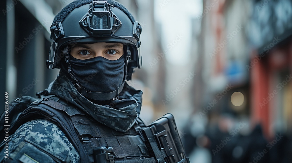 Close-up portrait of a tactical officer in urban setting. Close-up portrait of a tactical officer in urban setting.
