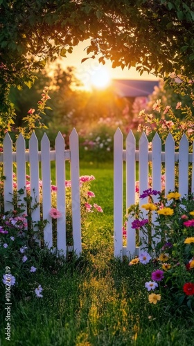 Beautiful sunset lighting up a garden path surrounded by vibrant flowers and ...