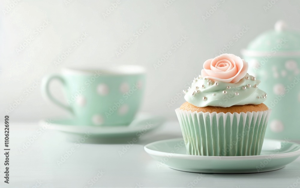 Delightful cupcake with roses and tea on a white table setting Delightful cupcake with roses and tea on a white table setting