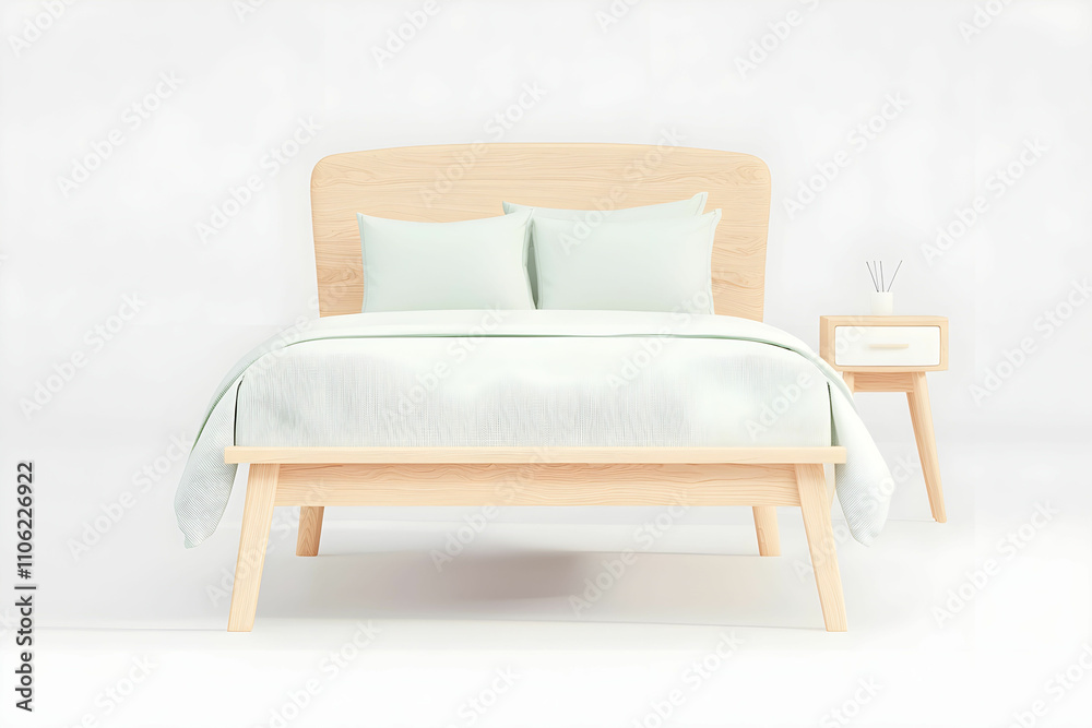 Minimalist Bedroom with Light Wood Bed Frame and Soft Pastel Bedding in Bright, Airy Interior Setting Minimalist Bedroom with Light Wood Bed Frame and Soft Pastel Bedding in Bright, Airy Interior Setting