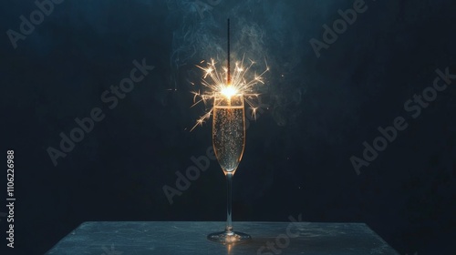 Sparkling drink with festive sparkler on a dark table setting during a celebr...