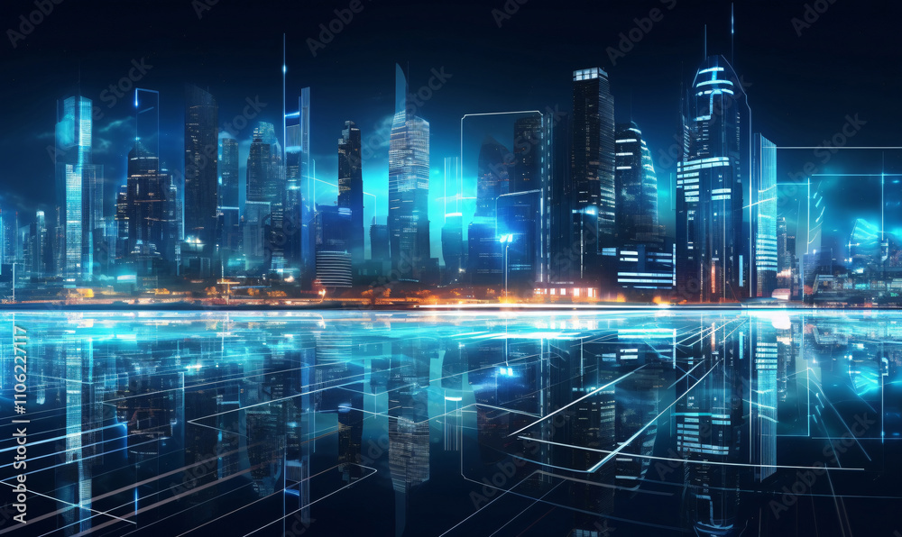 Modern transport infrastructure. Neon technology background. Night life. Smart futuristic city big data technology concept. Modern transport infrastructure. Neon technology background. Night life. Smart futuristic city big data technology concept.