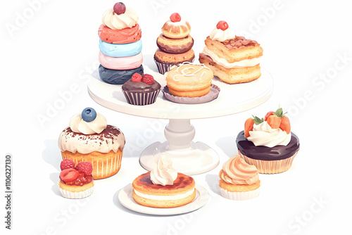 Assorted Delicious Bakery Treats on a White Cake Stand with Colorful Frosting and Toppings