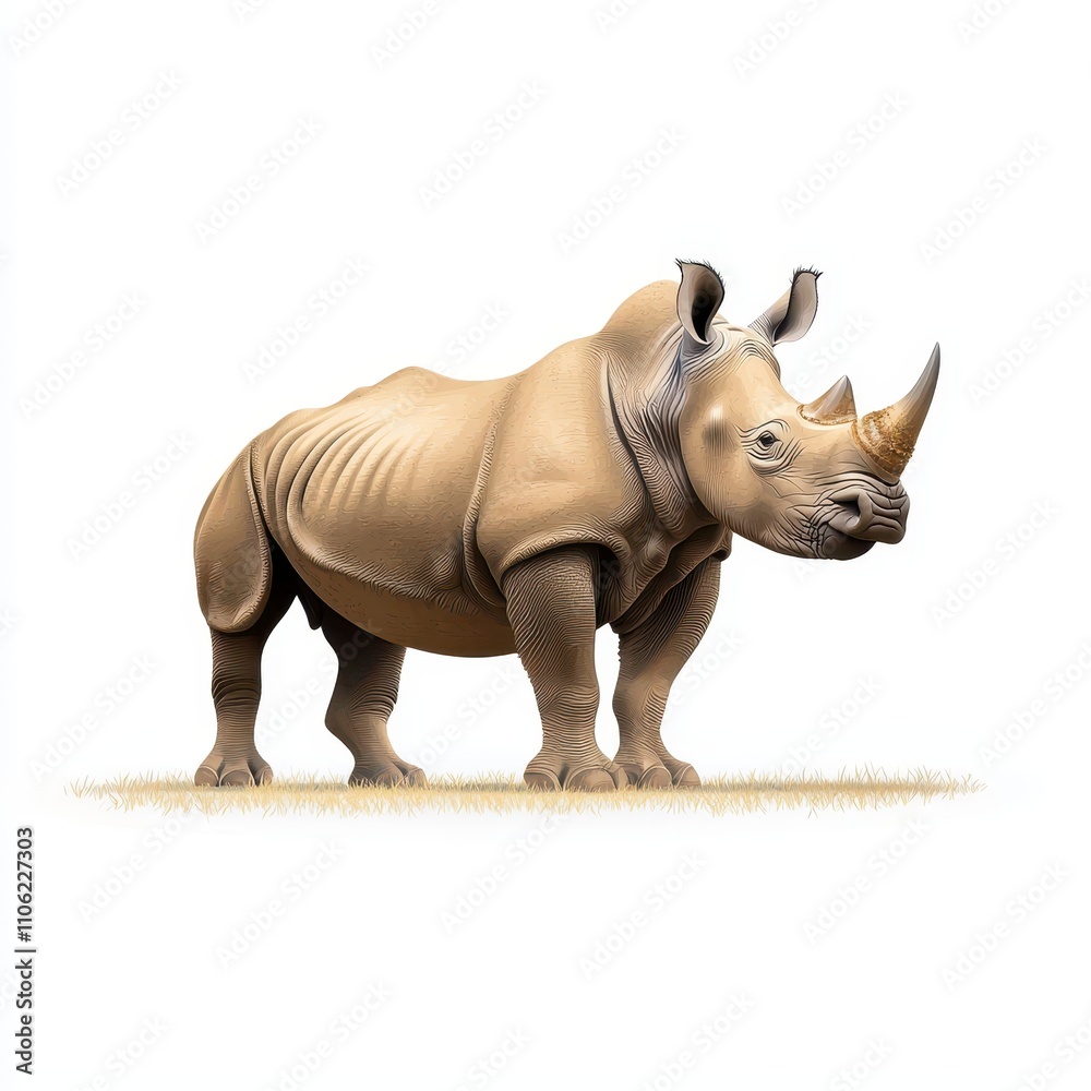 Obraz premium Realistic Illustration of a Rhinoceros Standing Proudly on Grassy Terrain, Capturing the Strength and Beauty of This Majestic Animal in High Detail
