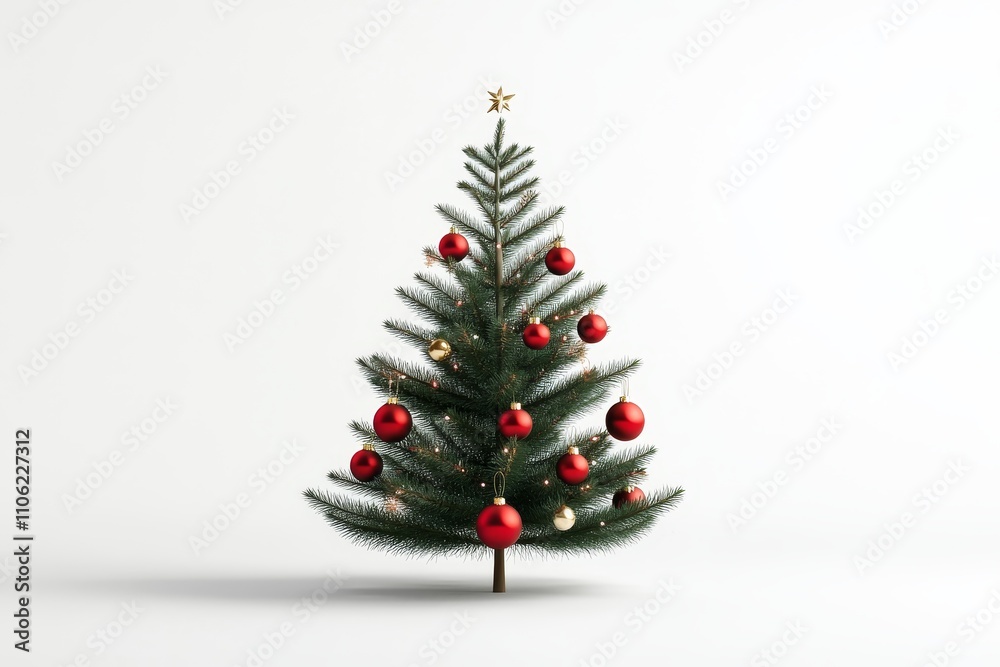 Festive Christmas Tree with Red Ornaments and Gold Star - A minimalist 3D of a decorated Christmas tree, symbolizing joy, tradition, celebration, winter, and holiday spirit. Festive Christmas Tree with Red Ornaments and Gold Star - A minimalist 3D of a decorated Christmas tree, symbolizing joy, tradition, celebration, winter, and holiday spirit.