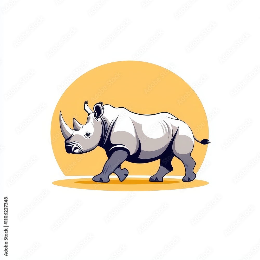 Fototapeta premium Stylized illustration of a walking rhinoceros set against a vibrant yellow circle, showcasing its unique features in a playful yet modern artistic style.