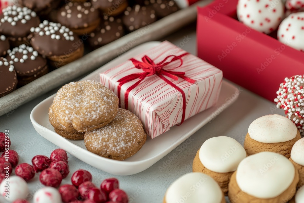 Holiday baked goods and gift wrapped packages on a table for festive celebrations Holiday baked goods and gift wrapped packages on a table for festive celebrations