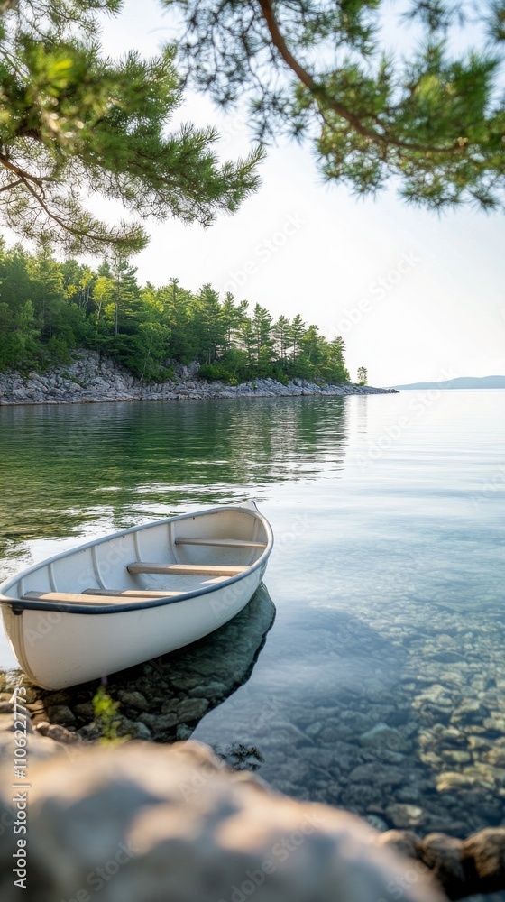 Tranquil white boat rests on clear water beside lush green forest at sunrise Tranquil white boat rests on clear water beside lush green forest at sunrise