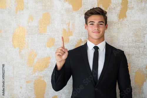 Young man in formal attire gesturing with a raised finger in modern interior ...