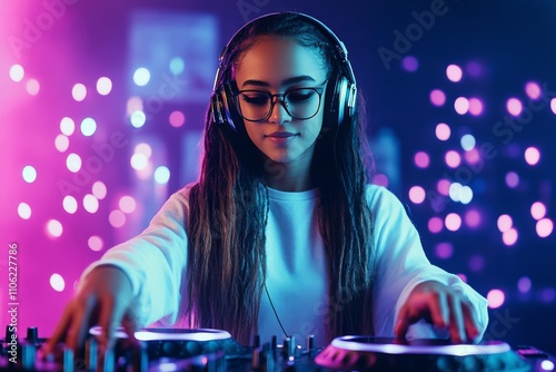 Young female DJ performing in vibrant club atmosphere with colorful lights