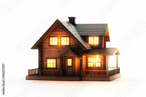 Illuminated wooden house model, porch, white background.