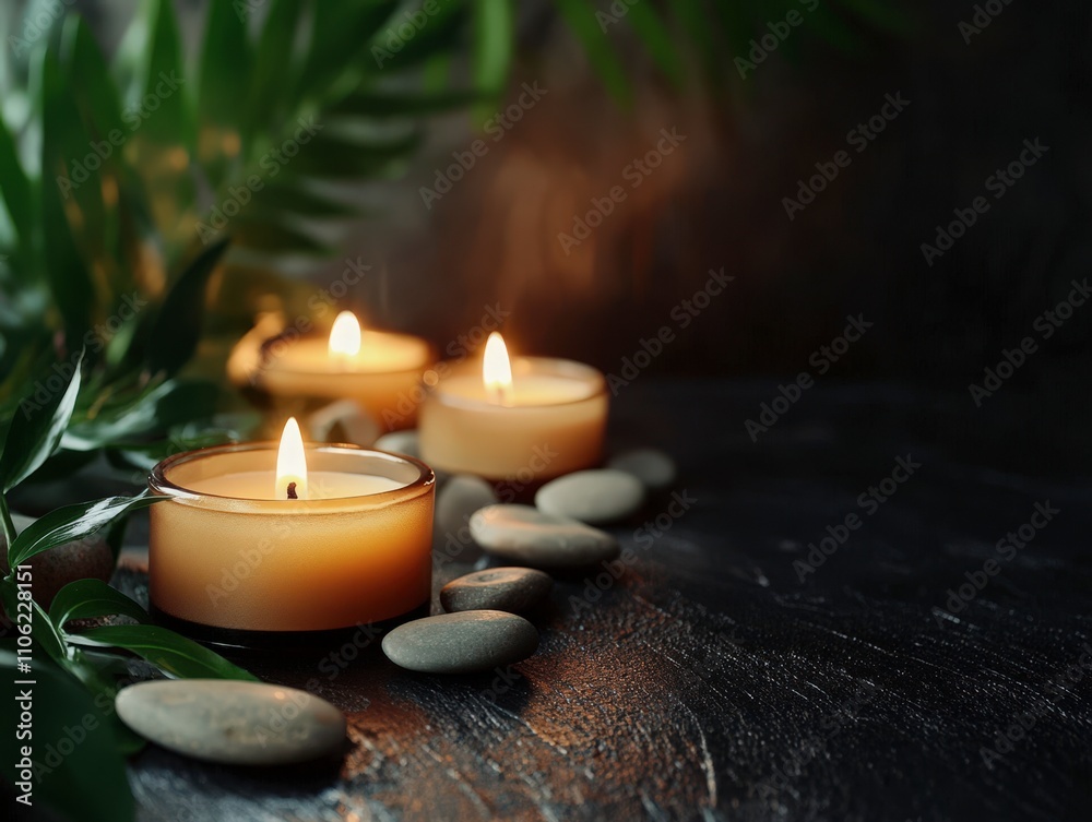 Serene Spa Candles and Stones on Dark Wood Serene Spa Candles and Stones on Dark Wood
