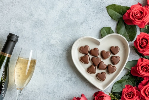 Romantic setting featuring red roses, champagne, and heart shaped chocolates ...