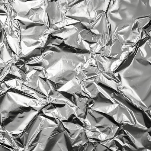 Crumpled metallic foil surface creating reflections and textures in bright light