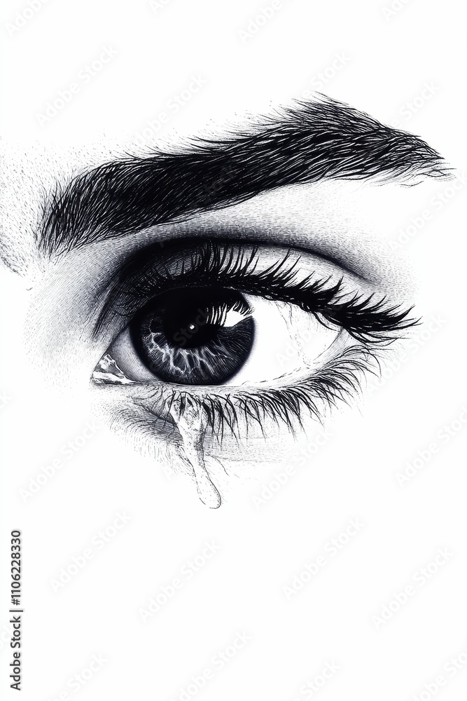 Obraz premium Close-up, detailed eye drawing; single tear flows.