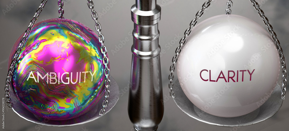 Fototapeta premium Ambiguity or Clarity - weighing two choices, available options. Choosing between ambiguity or clarity. Two different course of actions. ,3d illustration
